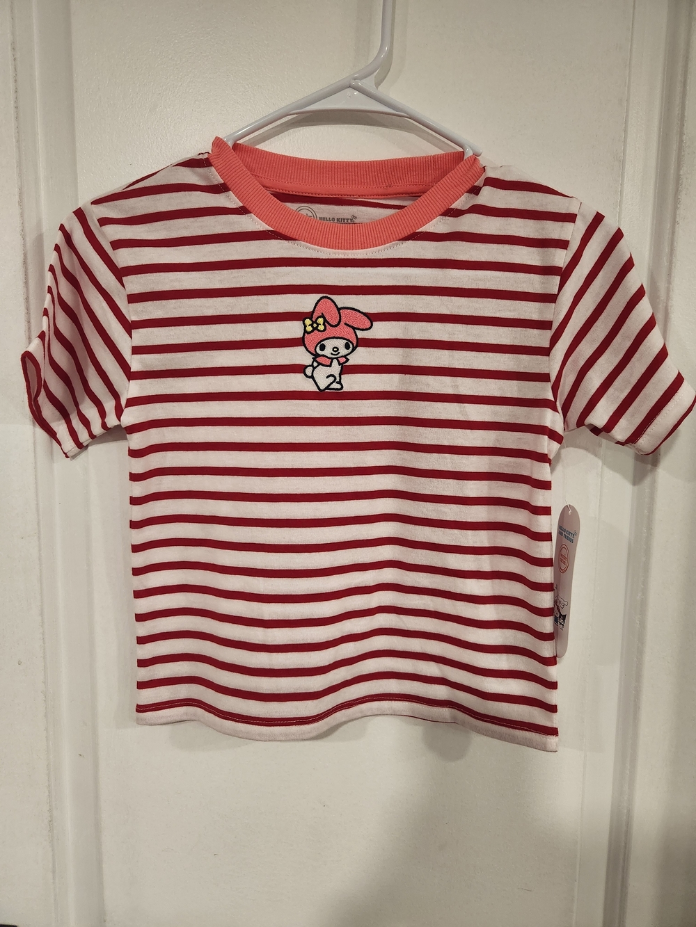 Girls' Red & White Striped Tee with Pink Character Accent
